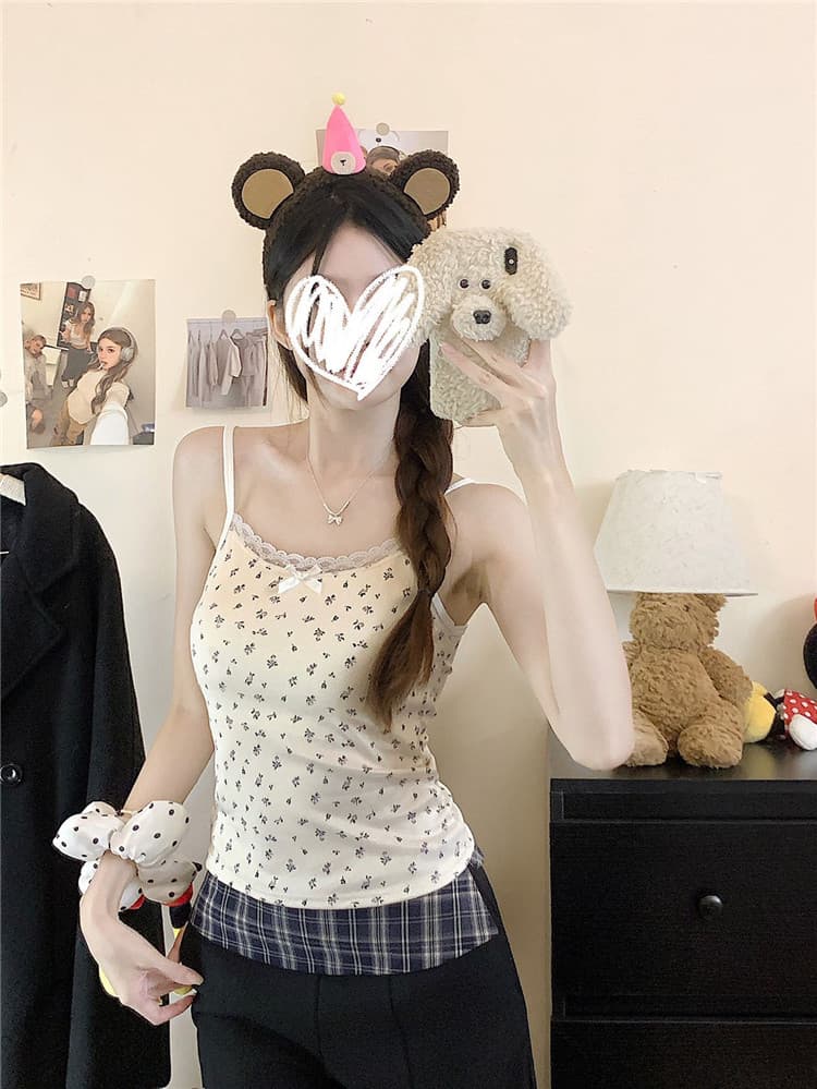 실사 감소되지 않음 핫걸 체크무늬 작은 꽃무늬 레이스 조각 캐미솔 벨트 가슴 패드 민소매 맨위 상세 이미지 29