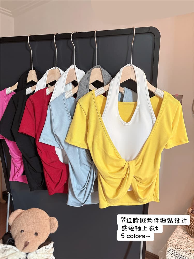 실사 감소되지 않음 핫걸 행침 목 페이크 레이어드 반팔 티셔츠 비틀림 디자인 센스 다용도 벨트 가슴 패드 의류 상세 이미지 1
