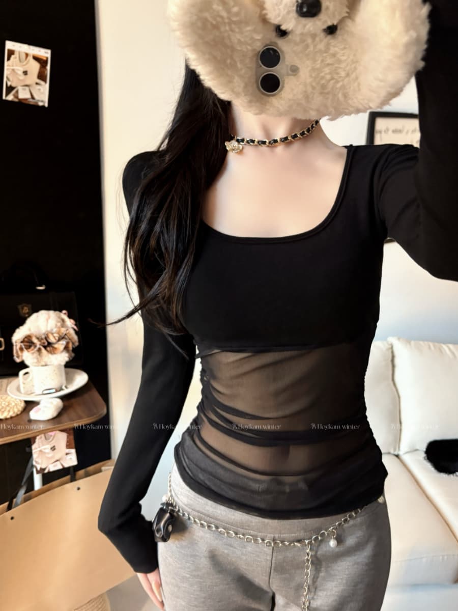 실사 감소되지 않음 핫걸 망사 패치워크 긴팔 티셔츠 가을 몸매 가꾸기 다용도 벨트 가슴 패드 의류 이미지 2