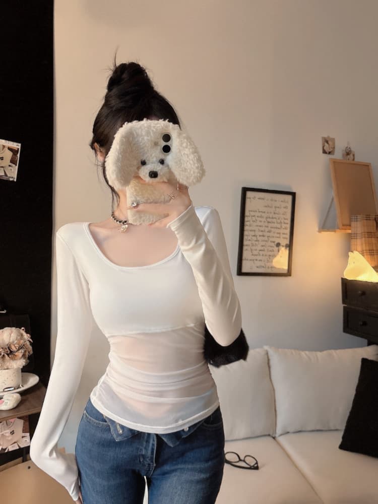 실사 감소되지 않음 핫걸 망사 패치워크 긴팔 티셔츠 가을 몸매 가꾸기 다용도 벨트 가슴 패드 의류 상세 이미지 9