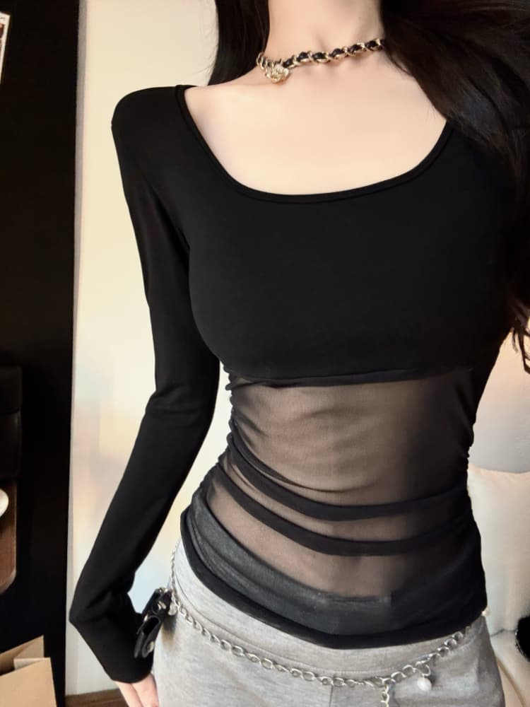 실사 감소되지 않음 핫걸 망사 패치워크 긴팔 티셔츠 가을 몸매 가꾸기 다용도 벨트 가슴 패드 의류 상세 이미지 10