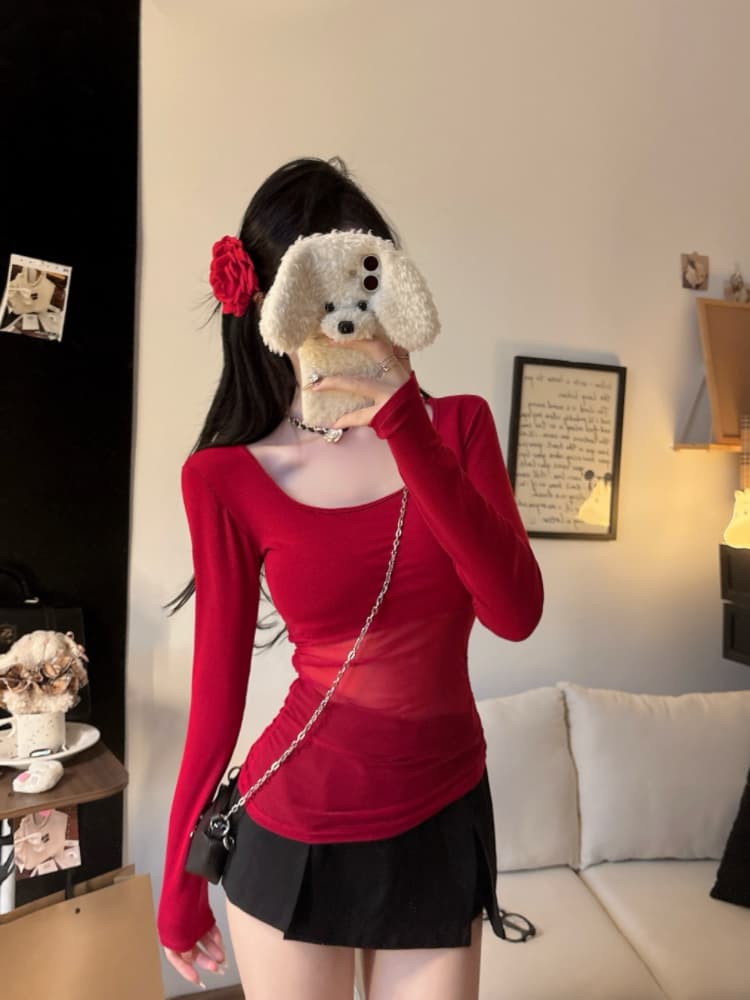 실사 감소되지 않음 핫걸 망사 패치워크 긴팔 티셔츠 가을 몸매 가꾸기 다용도 벨트 가슴 패드 의류 상세 이미지 18