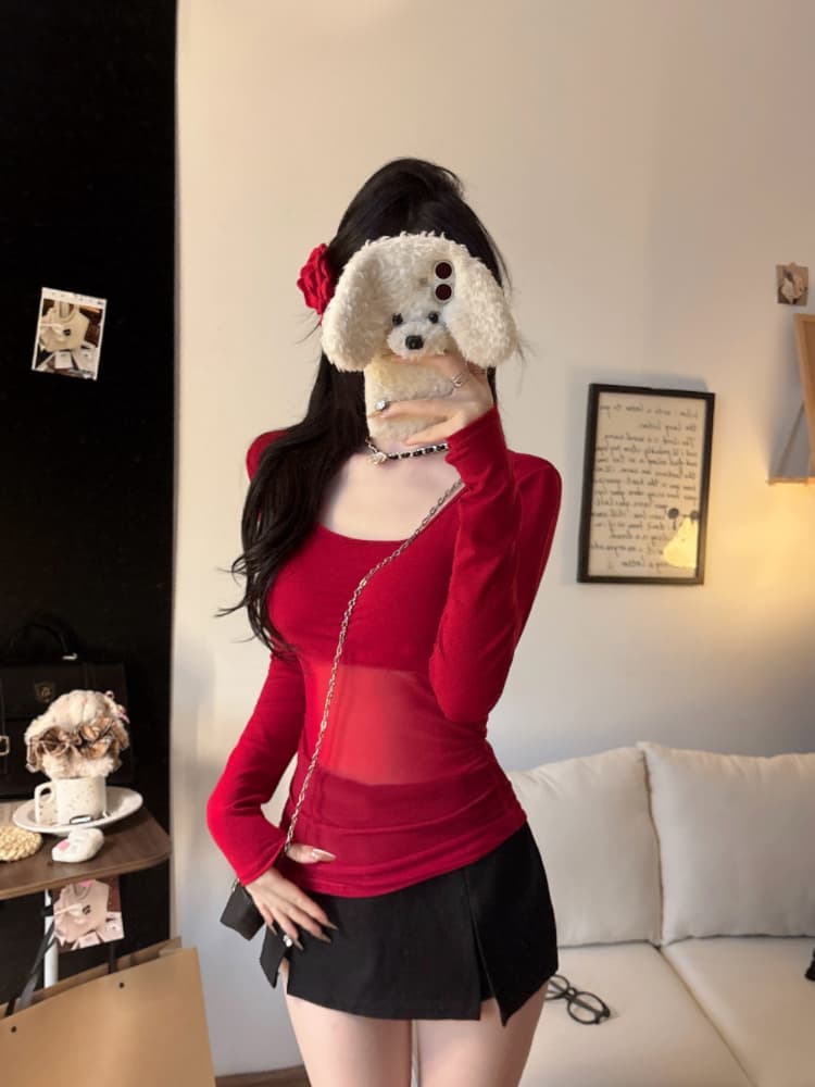 실사 감소되지 않음 핫걸 망사 패치워크 긴팔 티셔츠 가을 몸매 가꾸기 다용도 벨트 가슴 패드 의류 상세 이미지 21