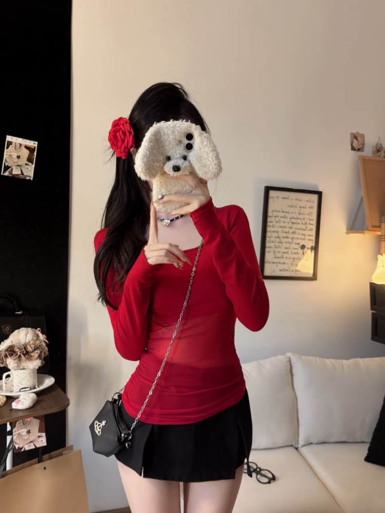 실사 감소되지 않음 핫걸 망사 패치워크 긴팔 티셔츠 가을 몸매 가꾸기 다용도 벨트 가슴 패드 의류 상세 이미지 22