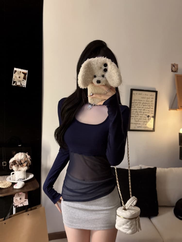 실사 감소되지 않음 핫걸 망사 패치워크 긴팔 티셔츠 가을 몸매 가꾸기 다용도 벨트 가슴 패드 의류 상세 이미지 26