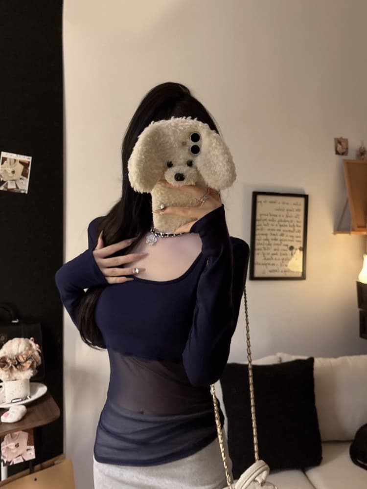실사 감소되지 않음 핫걸 망사 패치워크 긴팔 티셔츠 가을 몸매 가꾸기 다용도 벨트 가슴 패드 의류 상세 이미지 27