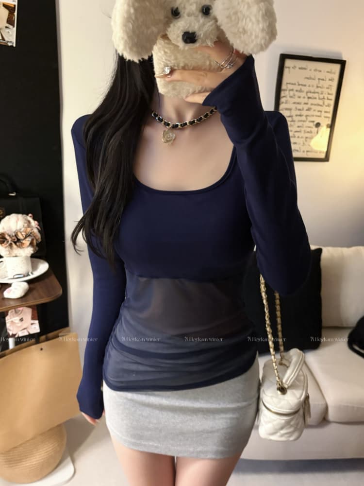 실사 감소되지 않음 핫걸 망사 패치워크 긴팔 티셔츠 가을 몸매 가꾸기 다용도 벨트 가슴 패드 의류 상세 이미지 28