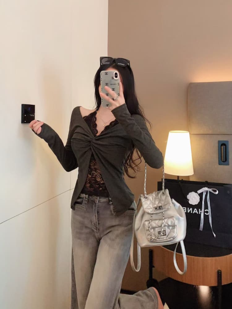 실사 감소되지 않음 가을 새로운 한 부서 레이스 조각 티셔츠 페이크 레이어드 핫걸 긴팔 맨위 상세 이미지 6