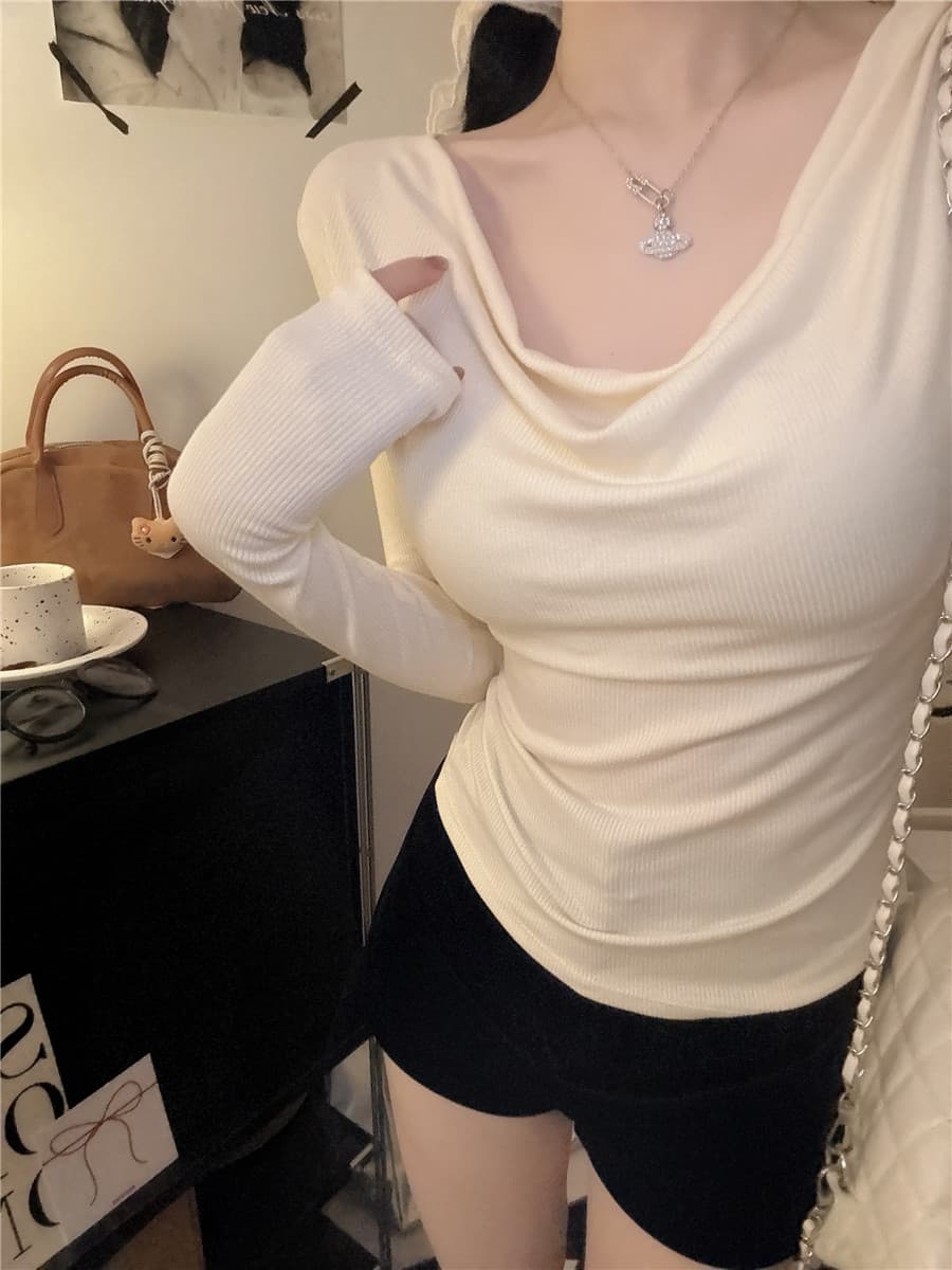 실사 감소되지 않음 한 부서 기본 셔츠 Chic 오프숄더 흔들다 칼라 긴팔 티셔츠 가을 몸매 가꾸기 슬림해 보이는 맨위 이미지 3