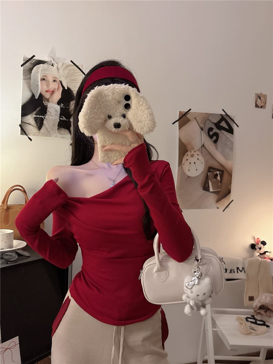 실사 감소되지 않음 한 부서 기본 셔츠 Chic 오프숄더 흔들다 칼라 긴팔 티셔츠 가을 몸매 가꾸기 슬림해 보이는 맨위