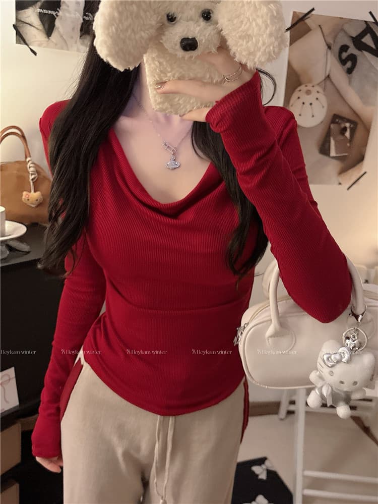 실사 감소되지 않음 한 부서 기본 셔츠 Chic 오프숄더 흔들다 칼라 긴팔 티셔츠 가을 몸매 가꾸기 슬림해 보이는 맨위 상세 이미지 8