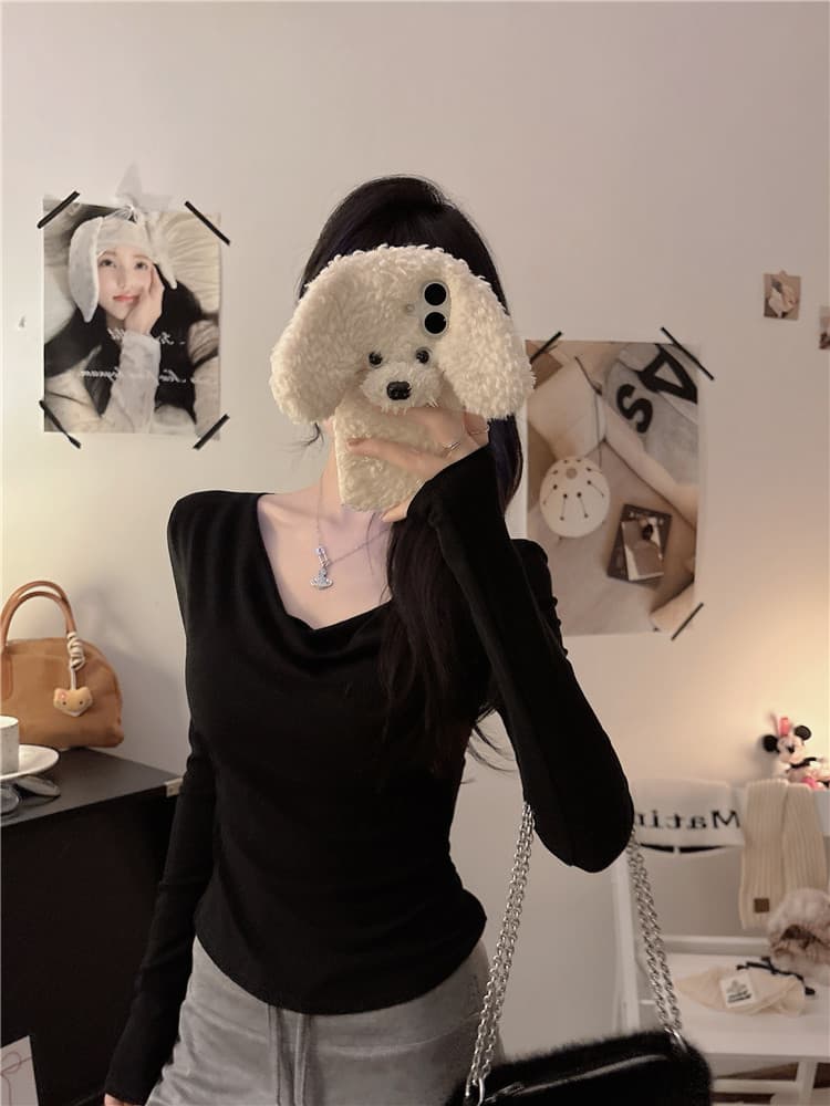 실사 감소되지 않음 한 부서 기본 셔츠 Chic 오프숄더 흔들다 칼라 긴팔 티셔츠 가을 몸매 가꾸기 슬림해 보이는 맨위 상세 이미지 21
