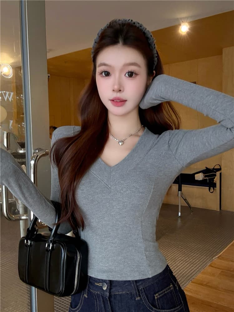 실사 감소되지 않음 섹시함 V넥 털이 있는 긴팔 여성 가을 겨울 인사이드 가져 가라. 보온 몸매 가꾸기 만나는 맨위 상세 이미지 9