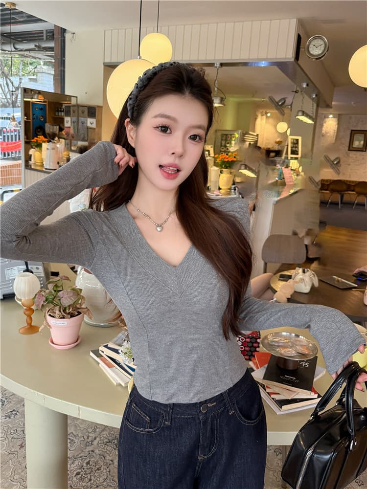 실사 감소되지 않음 섹시함 V넥 털이 있는 긴팔 여성 가을 겨울 인사이드 가져 가라. 보온 몸매 가꾸기 만나는 맨위 상세 이미지 12