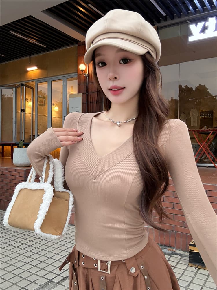 실사 감소되지 않음 섹시함 V넥 털이 있는 긴팔 여성 가을 겨울 인사이드 가져 가라. 보온 몸매 가꾸기 만나는 맨위 상세 이미지 17