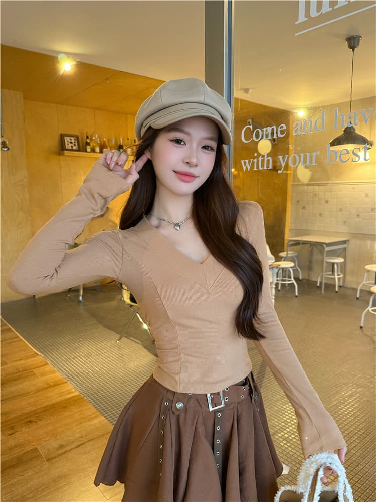 실사 감소되지 않음 섹시함 V넥 털이 있는 긴팔 여성 가을 겨울 인사이드 가져 가라. 보온 몸매 가꾸기 만나는 맨위 상세 이미지 18
