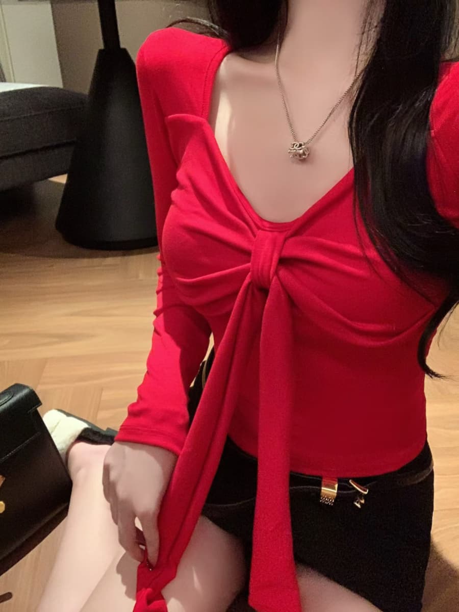 실사 감소되지 않음 레이스업 나비 매듭 긴팔 티셔츠 여성 가을 몸매 가꾸기 백 잡아라. 벨트 가슴 패드 이미지 2