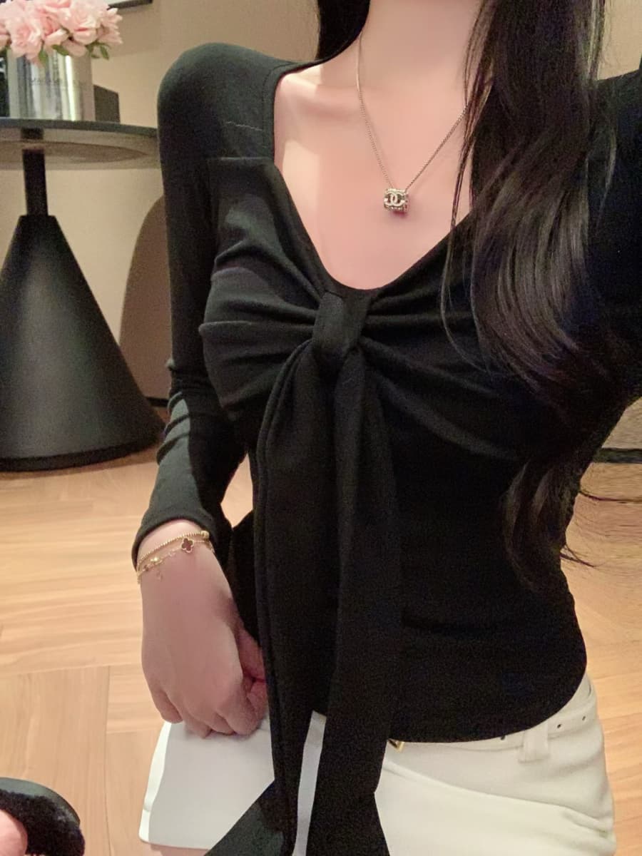 실사 감소되지 않음 레이스업 나비 매듭 긴팔 티셔츠 여성 가을 몸매 가꾸기 백 잡아라. 벨트 가슴 패드 이미지 4