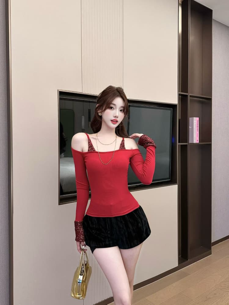 실사 감소되지 않음 패치워크 스팽글 페이크 레이어드 슬립 긴팔 티셔츠 여성 가을 겨울 핫걸 만나는 맨위 상세 이미지 7