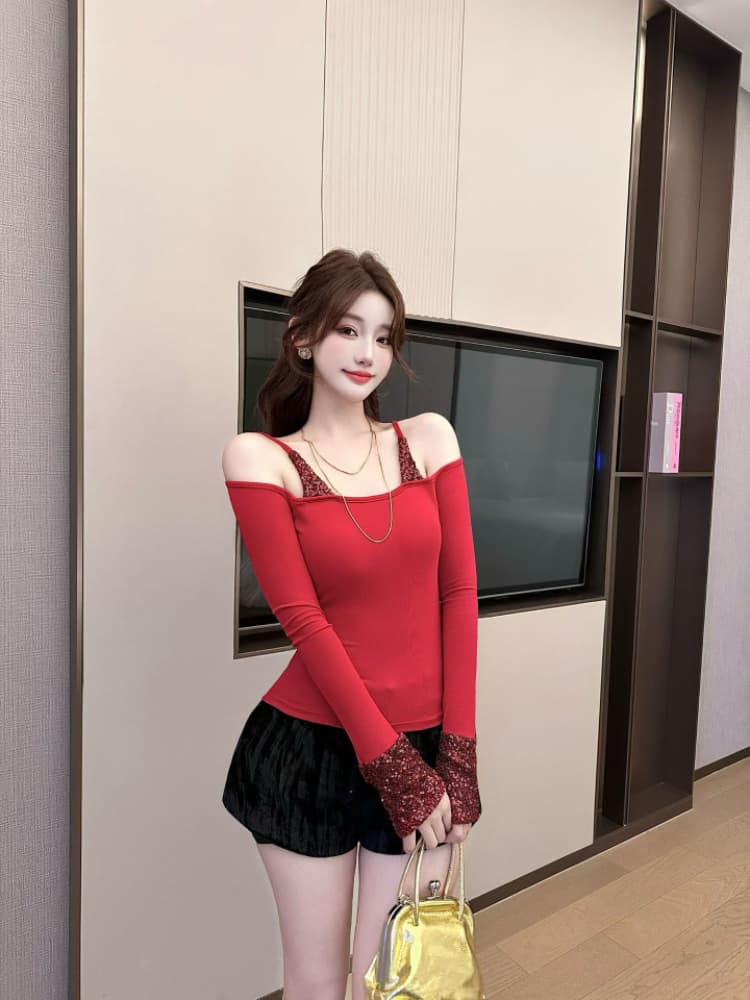 실사 감소되지 않음 패치워크 스팽글 페이크 레이어드 슬립 긴팔 티셔츠 여성 가을 겨울 핫걸 만나는 맨위 상세 이미지 8