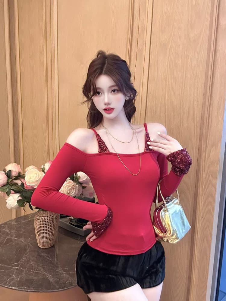 실사 감소되지 않음 패치워크 스팽글 페이크 레이어드 슬립 긴팔 티셔츠 여성 가을 겨울 핫걸 만나는 맨위 상세 이미지 9