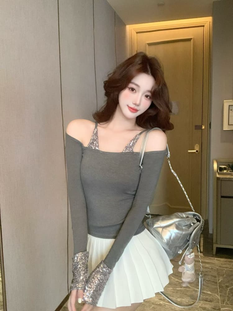 실사 감소되지 않음 패치워크 스팽글 페이크 레이어드 슬립 긴팔 티셔츠 여성 가을 겨울 핫걸 만나는 맨위 상세 이미지 12