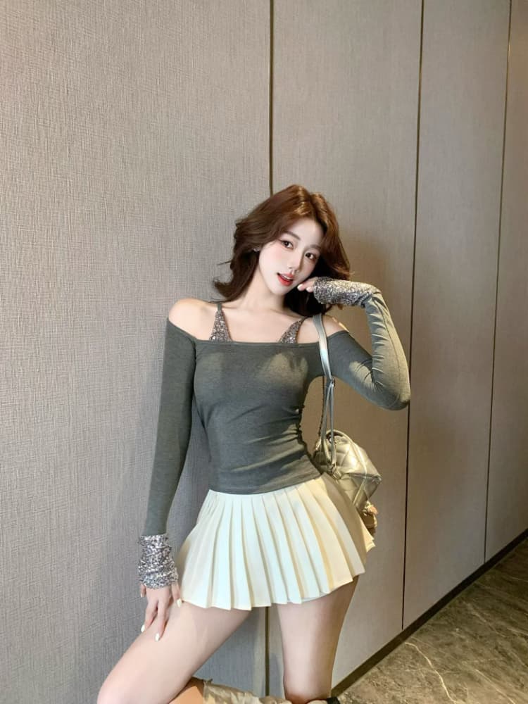 실사 감소되지 않음 패치워크 스팽글 페이크 레이어드 슬립 긴팔 티셔츠 여성 가을 겨울 핫걸 만나는 맨위 상세 이미지 14