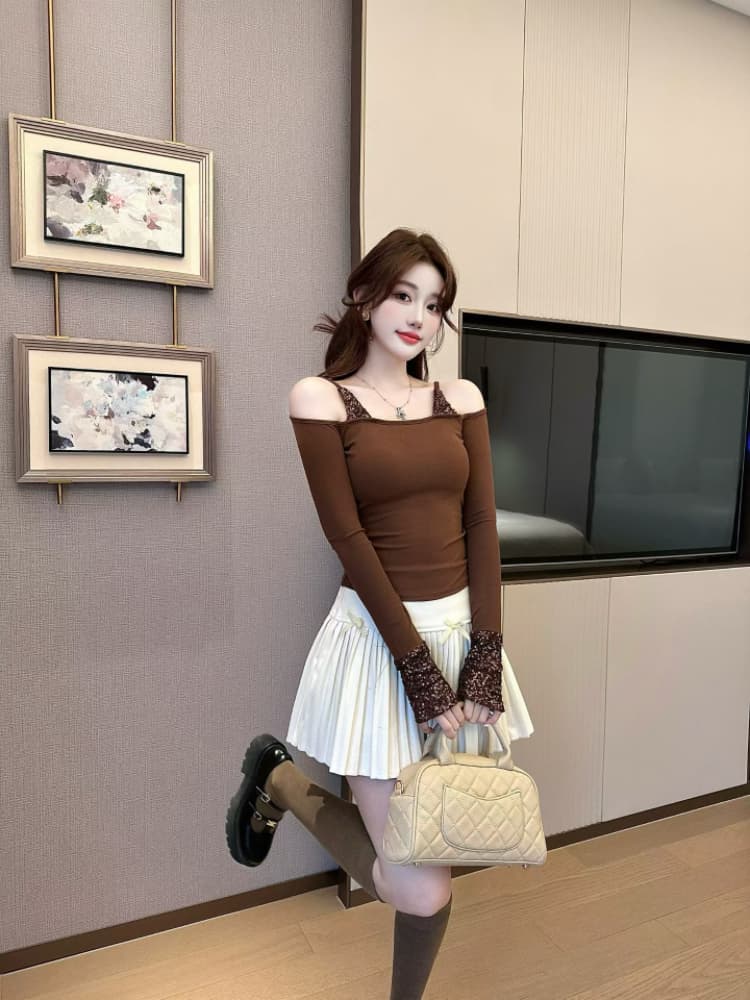 실사 감소되지 않음 패치워크 스팽글 페이크 레이어드 슬립 긴팔 티셔츠 여성 가을 겨울 핫걸 만나는 맨위 상세 이미지 22