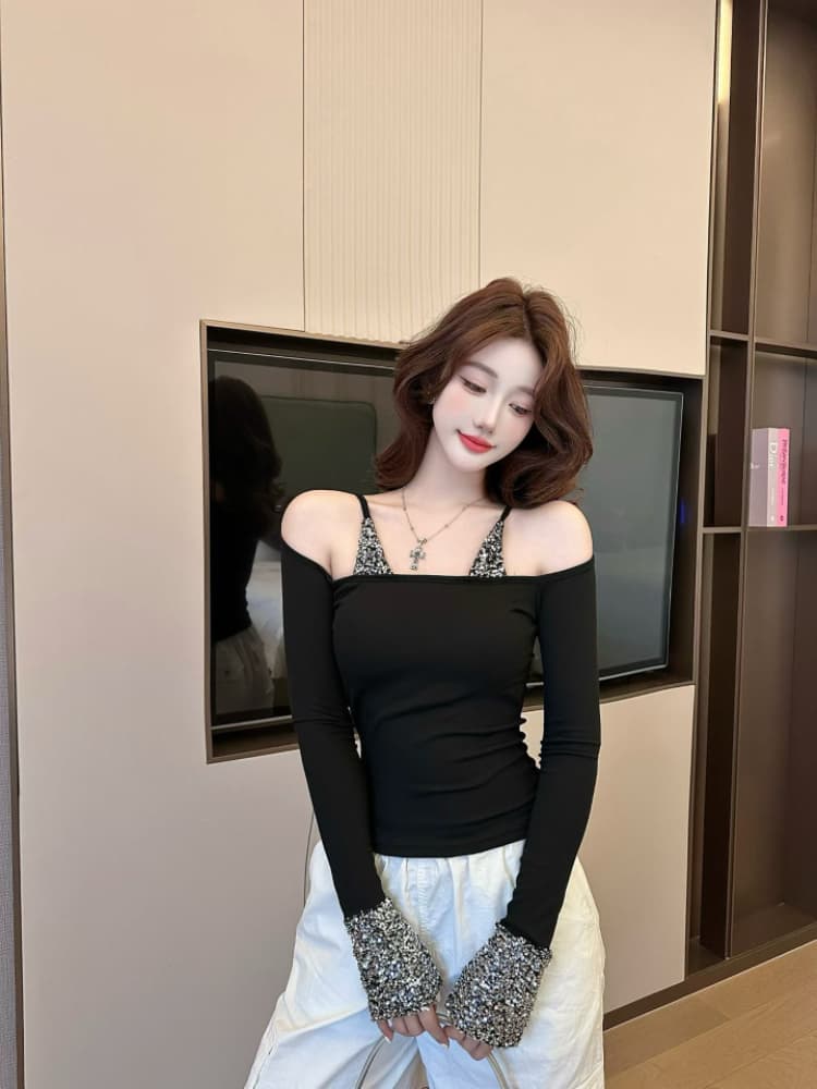 실사 감소되지 않음 패치워크 스팽글 페이크 레이어드 슬립 긴팔 티셔츠 여성 가을 겨울 핫걸 만나는 맨위 상세 이미지 25