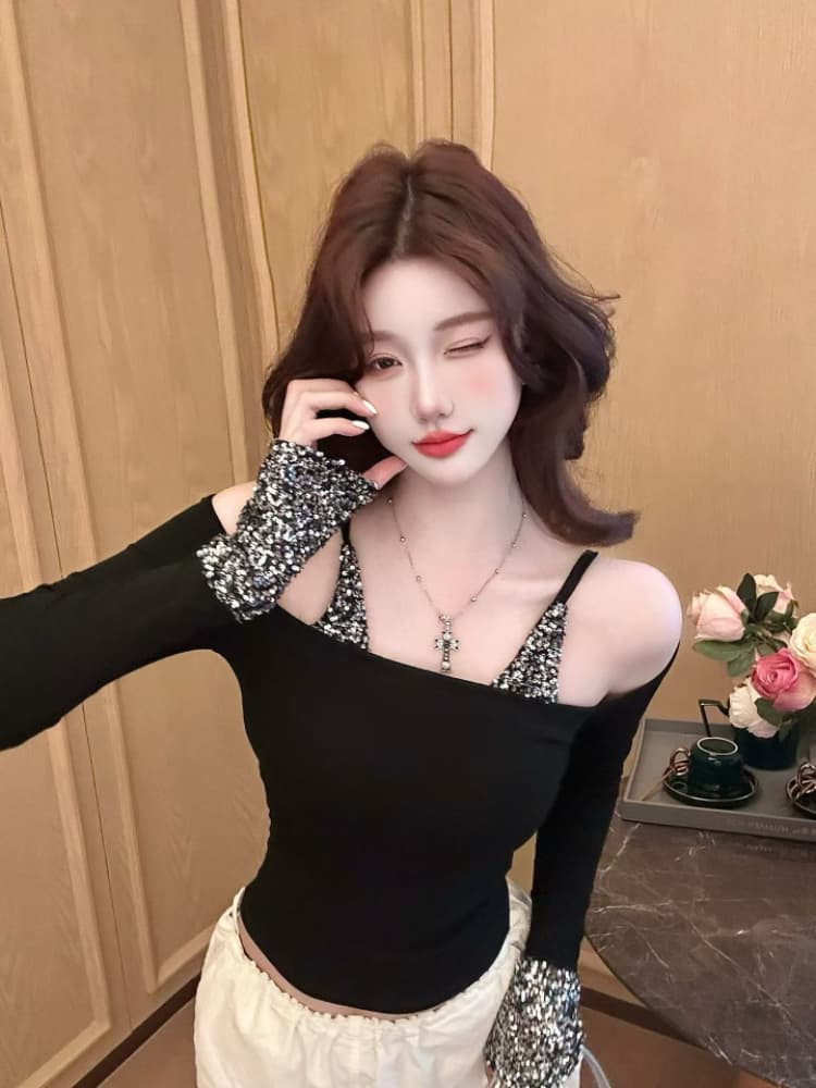실사 감소되지 않음 패치워크 스팽글 페이크 레이어드 슬립 긴팔 티셔츠 여성 가을 겨울 핫걸 만나는 맨위 상세 이미지 26