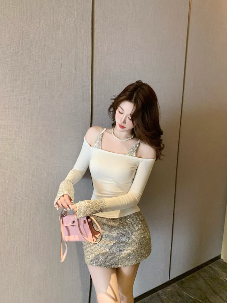 실사 감소되지 않음 패치워크 스팽글 페이크 레이어드 슬립 긴팔 티셔츠 여성 가을 겨울 핫걸 만나는 맨위 상세 이미지 32