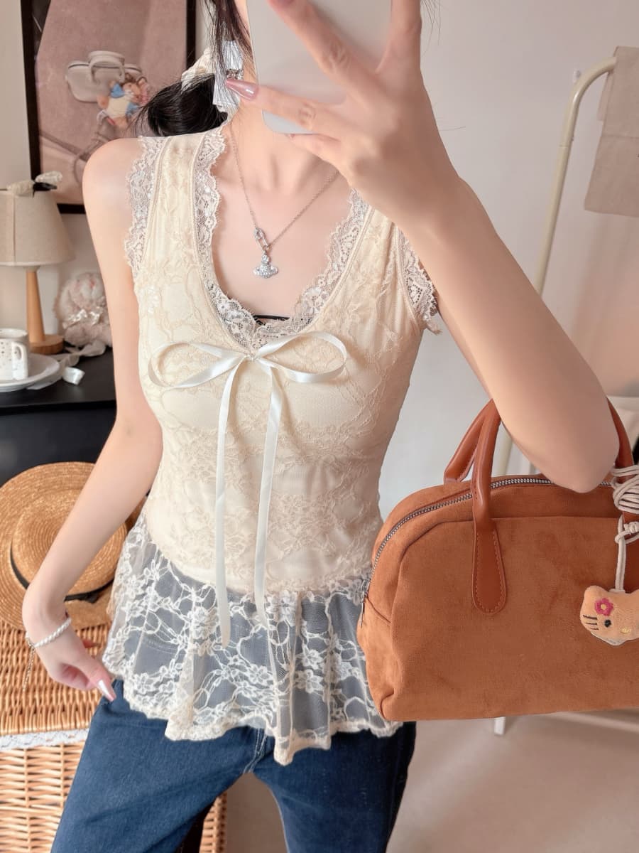 실사 감소되지 않음 순수한 욕망 섹시함 레이스 레이스업 민소매 조끼 몸매 가꾸기 슬림해 보이는 Chic 다용도 맨위 이미지 2