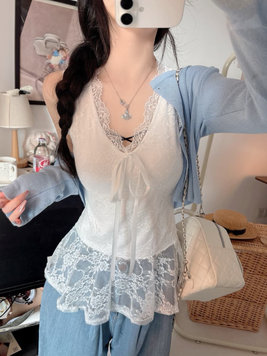 실사 감소되지 않음 순수한 욕망 섹시함 레이스 레이스업 민소매 조끼 몸매 가꾸기 슬림해 보이는 Chic 다용도 맨위