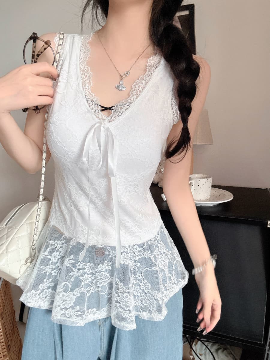 실사 감소되지 않음 순수한 욕망 섹시함 레이스 레이스업 민소매 조끼 몸매 가꾸기 슬림해 보이는 Chic 다용도 맨위 이미지 4