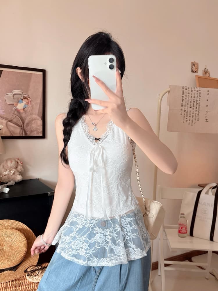 실사 감소되지 않음 순수한 욕망 섹시함 레이스 레이스업 민소매 조끼 몸매 가꾸기 슬림해 보이는 Chic 다용도 맨위 상세 이미지 12