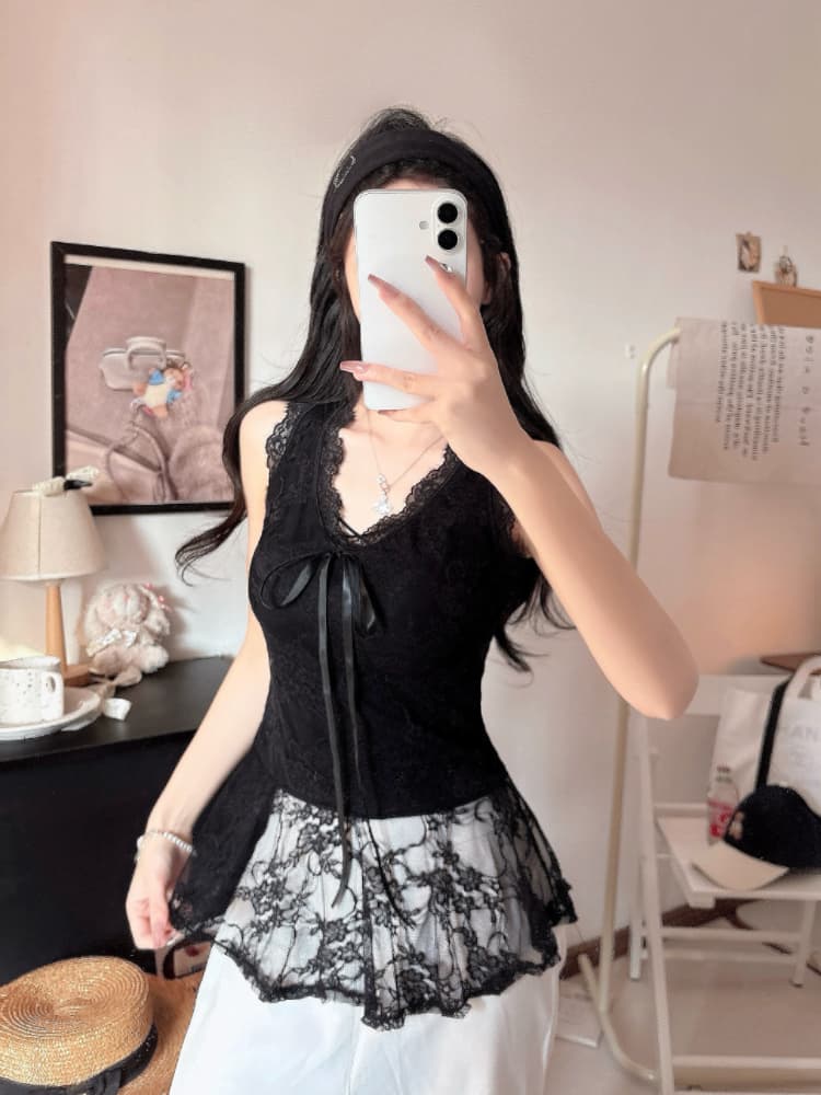 실사 감소되지 않음 순수한 욕망 섹시함 레이스 레이스업 민소매 조끼 몸매 가꾸기 슬림해 보이는 Chic 다용도 맨위 상세 이미지 17