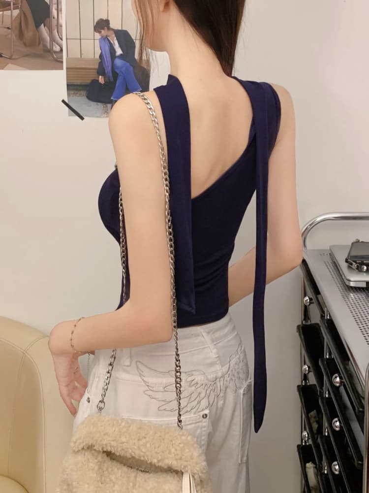 실사 감소되지 않음 순수한 욕망 핫걸 행침 목 스트랩 캐미솔 오프숄더 몸매 가꾸기 민소매 맨위 상세 이미지 7