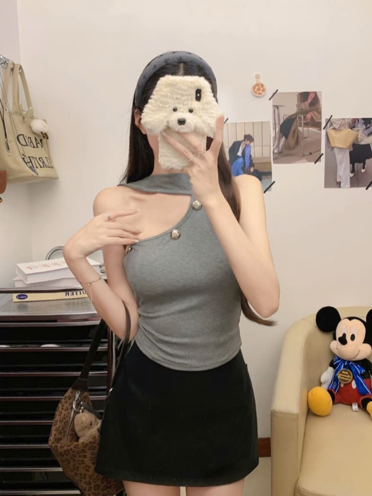실사 감소되지 않음 순수한 욕망 핫걸 행침 목 스트랩 캐미솔 오프숄더 몸매 가꾸기 민소매 맨위 상세 이미지 11