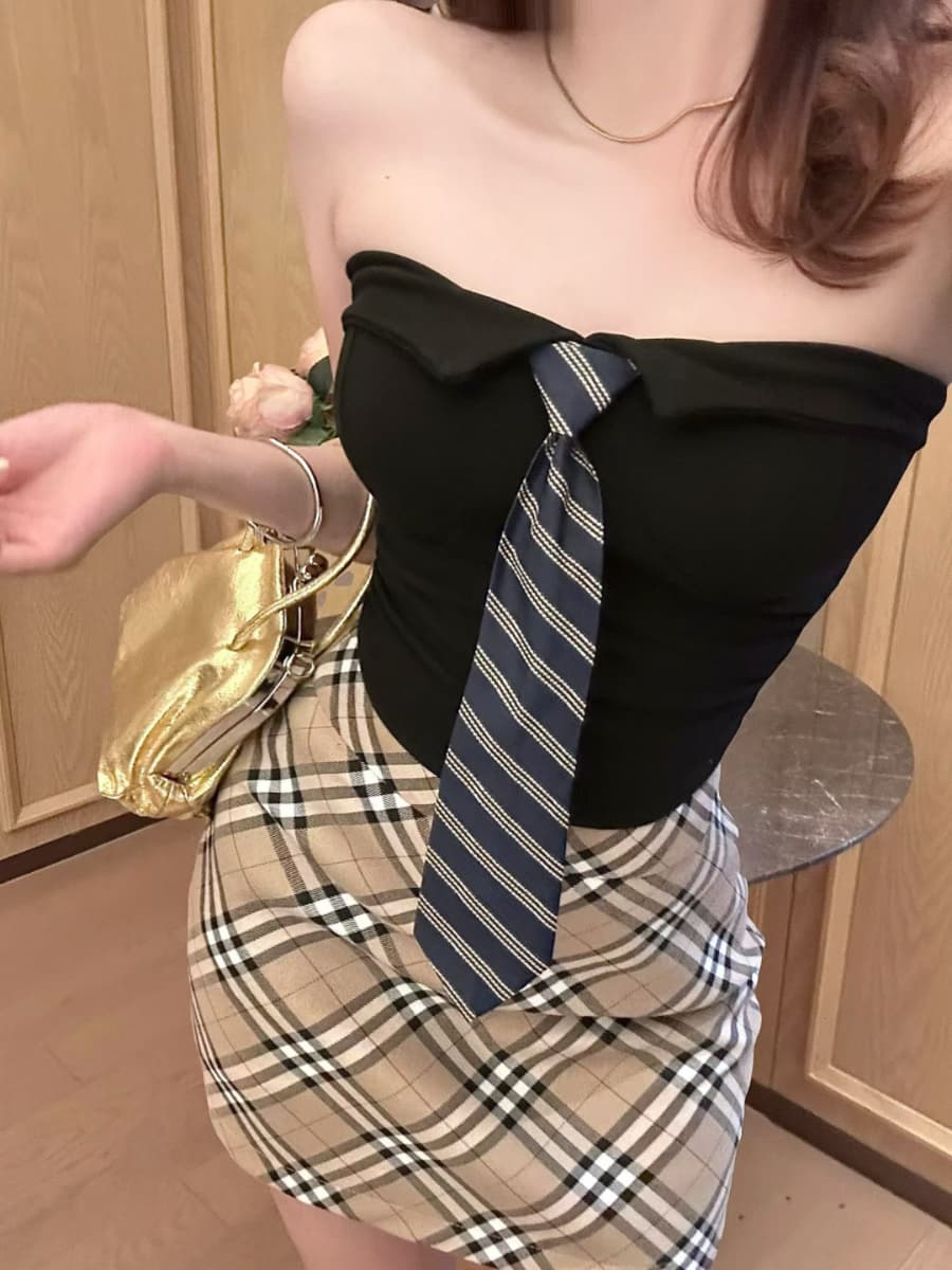 실사 감소되지 않음 핫걸 폴로 칼라 스트라이프 넥타이 한 단어 포장 가슴 튜브탑 작은 조끼 언더 코트 이미지 3