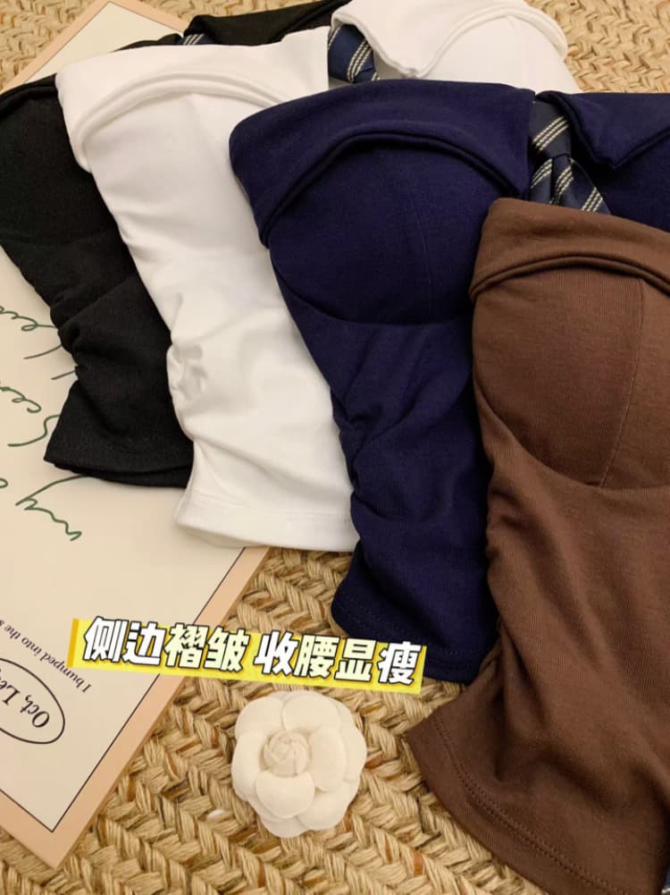실사 감소되지 않음 핫걸 폴로 칼라 스트라이프 넥타이 한 단어 포장 가슴 튜브탑 작은 조끼 언더 코트 상세 이미지 4