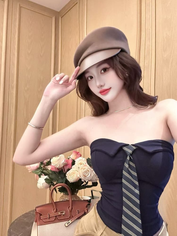 실사 감소되지 않음 핫걸 폴로 칼라 스트라이프 넥타이 한 단어 포장 가슴 튜브탑 작은 조끼 언더 코트 상세 이미지 5
