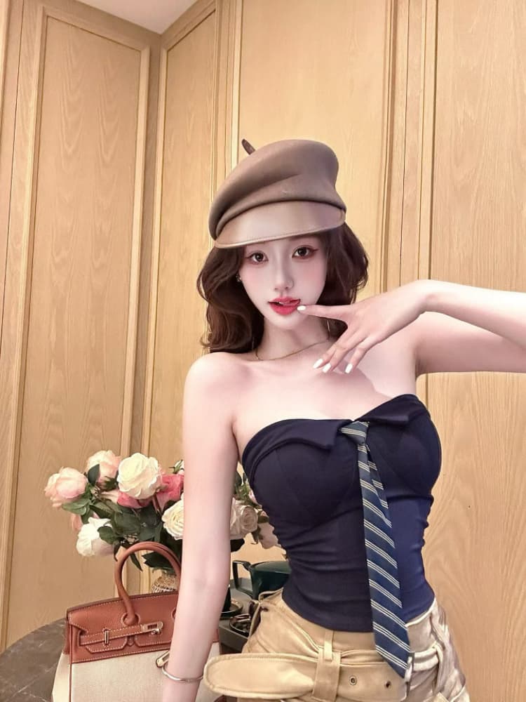 실사 감소되지 않음 핫걸 폴로 칼라 스트라이프 넥타이 한 단어 포장 가슴 튜브탑 작은 조끼 언더 코트 상세 이미지 7