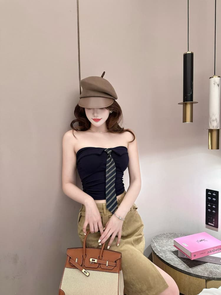 실사 감소되지 않음 핫걸 폴로 칼라 스트라이프 넥타이 한 단어 포장 가슴 튜브탑 작은 조끼 언더 코트 상세 이미지 8