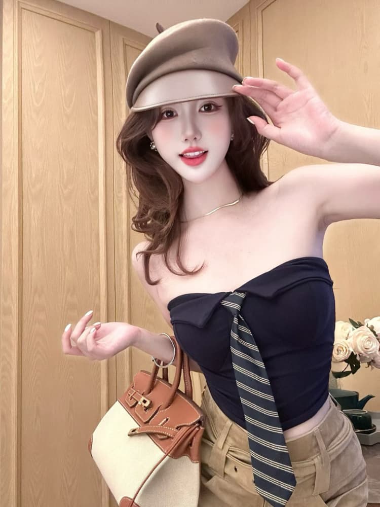 실사 감소되지 않음 핫걸 폴로 칼라 스트라이프 넥타이 한 단어 포장 가슴 튜브탑 작은 조끼 언더 코트 상세 이미지 10