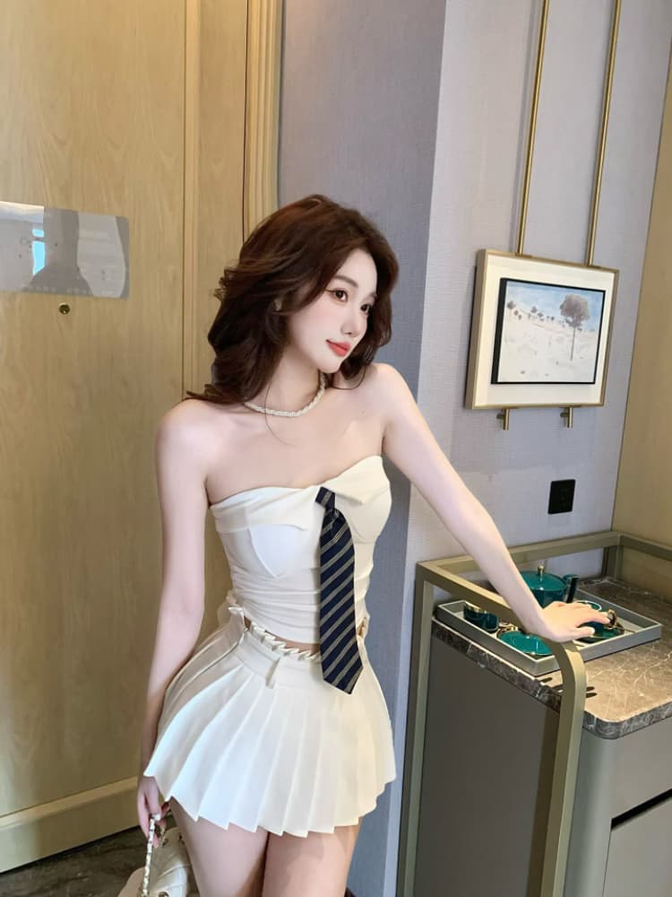 실사 감소되지 않음 핫걸 폴로 칼라 스트라이프 넥타이 한 단어 포장 가슴 튜브탑 작은 조끼 언더 코트 상세 이미지 13
