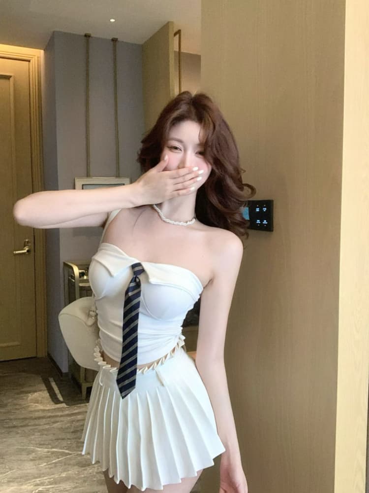 실사 감소되지 않음 핫걸 폴로 칼라 스트라이프 넥타이 한 단어 포장 가슴 튜브탑 작은 조끼 언더 코트 상세 이미지 14