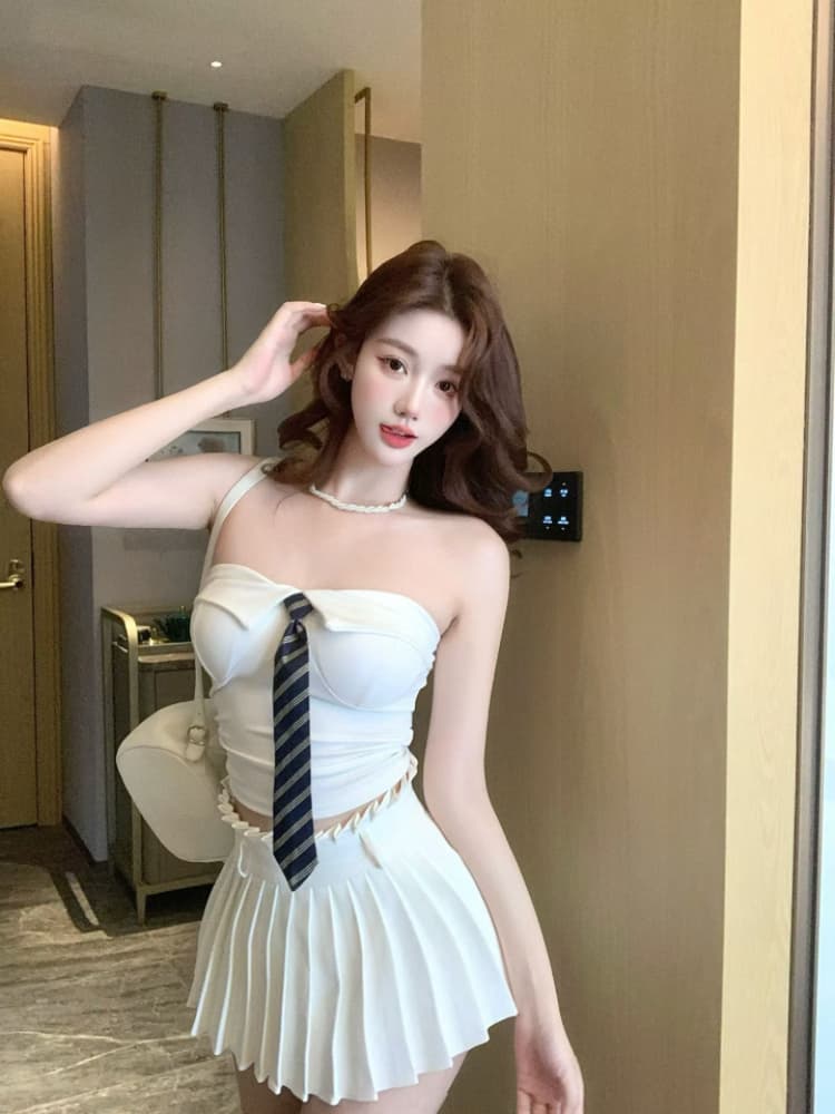 실사 감소되지 않음 핫걸 폴로 칼라 스트라이프 넥타이 한 단어 포장 가슴 튜브탑 작은 조끼 언더 코트 상세 이미지 15