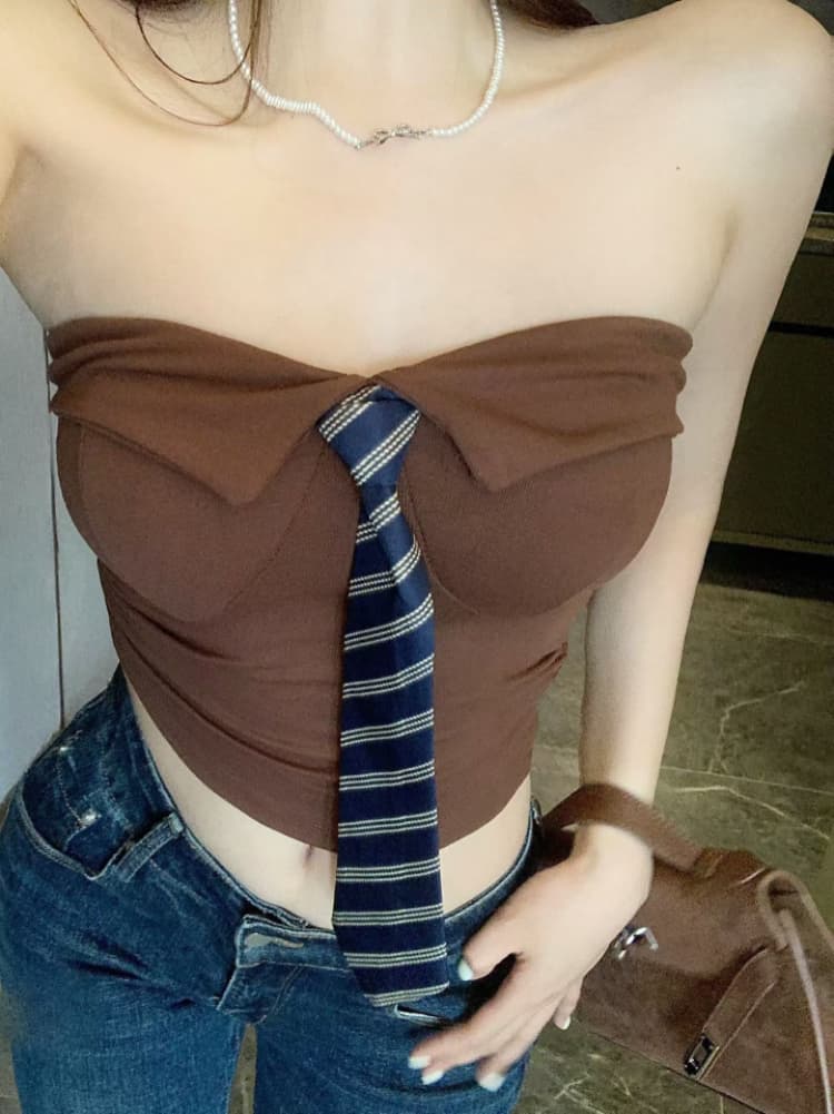 실사 감소되지 않음 핫걸 폴로 칼라 스트라이프 넥타이 한 단어 포장 가슴 튜브탑 작은 조끼 언더 코트 상세 이미지 18