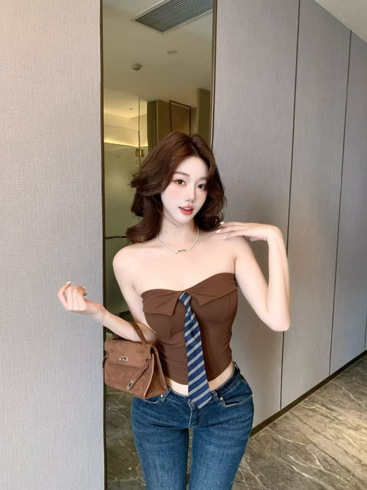 실사 감소되지 않음 핫걸 폴로 칼라 스트라이프 넥타이 한 단어 포장 가슴 튜브탑 작은 조끼 언더 코트 상세 이미지 19