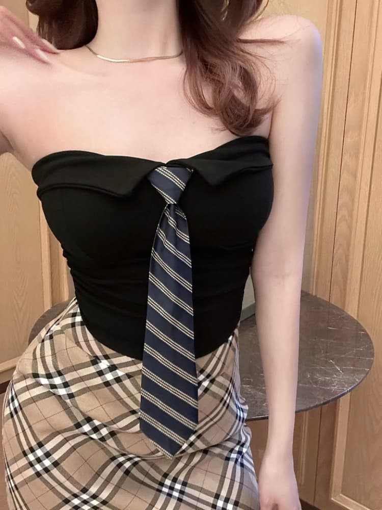 실사 감소되지 않음 핫걸 폴로 칼라 스트라이프 넥타이 한 단어 포장 가슴 튜브탑 작은 조끼 언더 코트 상세 이미지 22